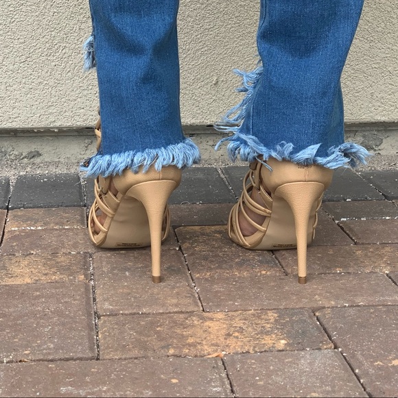 Tan Strappy Caged Studded High Heel Sandals - Picture 5 of 7